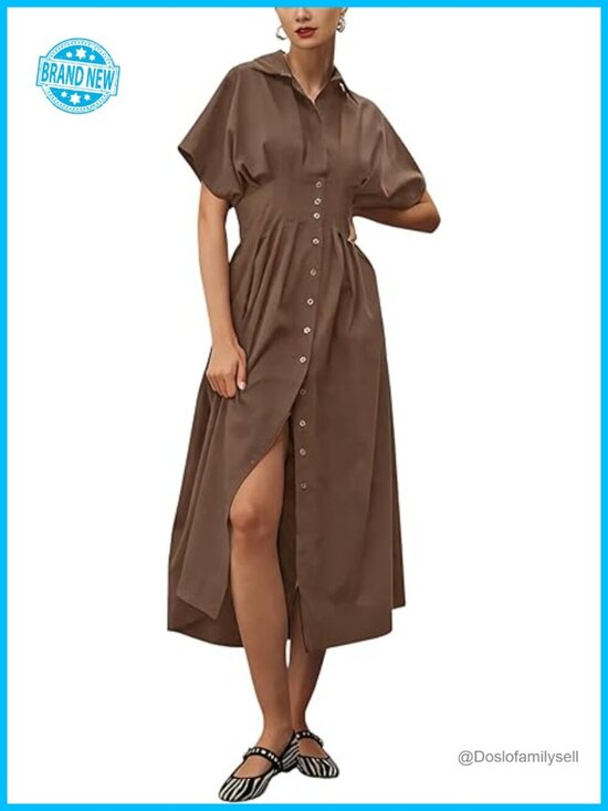 Dresses & Skirts - Short Sleeve Button Down Loose Pleated Maxi Sundress with Pockets